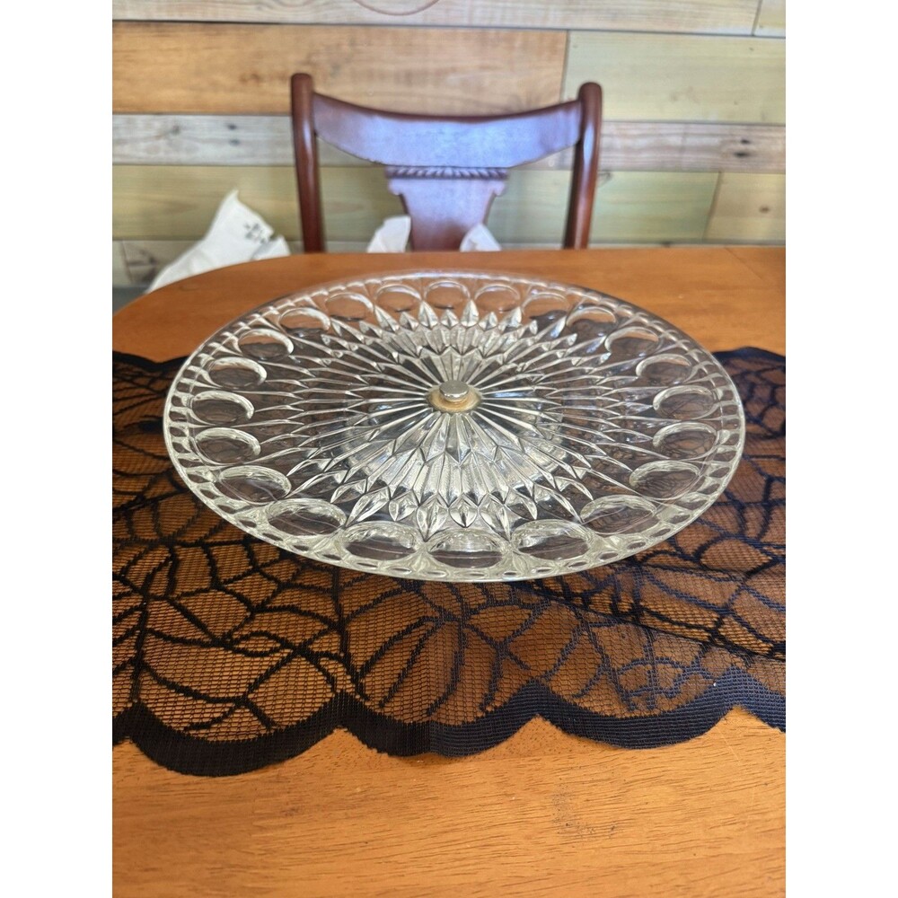 Vintage Mid Century Pressed Clear Glass Cake Plate w/ Silverplate Foot